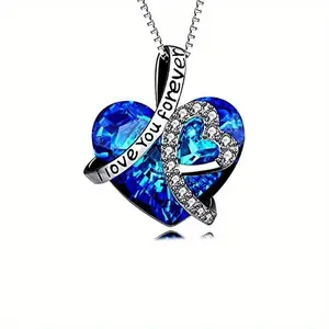 Elegant "I Love You Forever" Heart Pendant Necklace with Blue and Sparkling Embellishment-Perfect Anniversary, Birthday Gift, Women's Jewelry