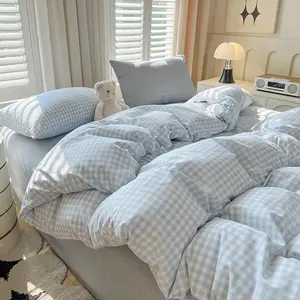 Blue Gingham Comforter Set Queen Size Plaid Checkered Comforter 3 Pcs Soft Lightweight Grid Farmhouse Dorm Bedding Set for All Seasons (1 Comforter, 2 Pillowcases)