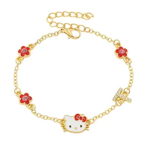 SANRIO Hello Kitty Bracelet with Red Flowers & Sparkling Accents Gold-Tone Chain Jewelry for Women's Fashion Accessories