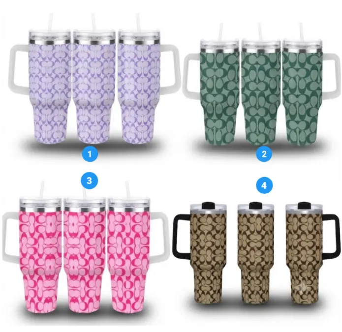 Classic Print 40oz Tumbler with Handle & Straw, Neutral Beige Brown Monogram Pattern Stainless Steel Insulated Travel Mug, Leakproof Cup Fits Car Cup Holder, Luxury Inspired Everyday Gift