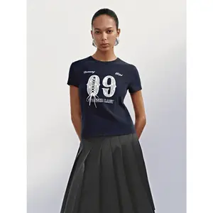 URBAN REVIVO 2026 Spring New Women's Round Neck Tie-Front Short-Sleeve Embroidered Ballet-Inspired Sporty Printed Cotton Blend Medium-Thick T-Shirt UYV450196, Premium Fabric Casual Outing Top, Tshirt