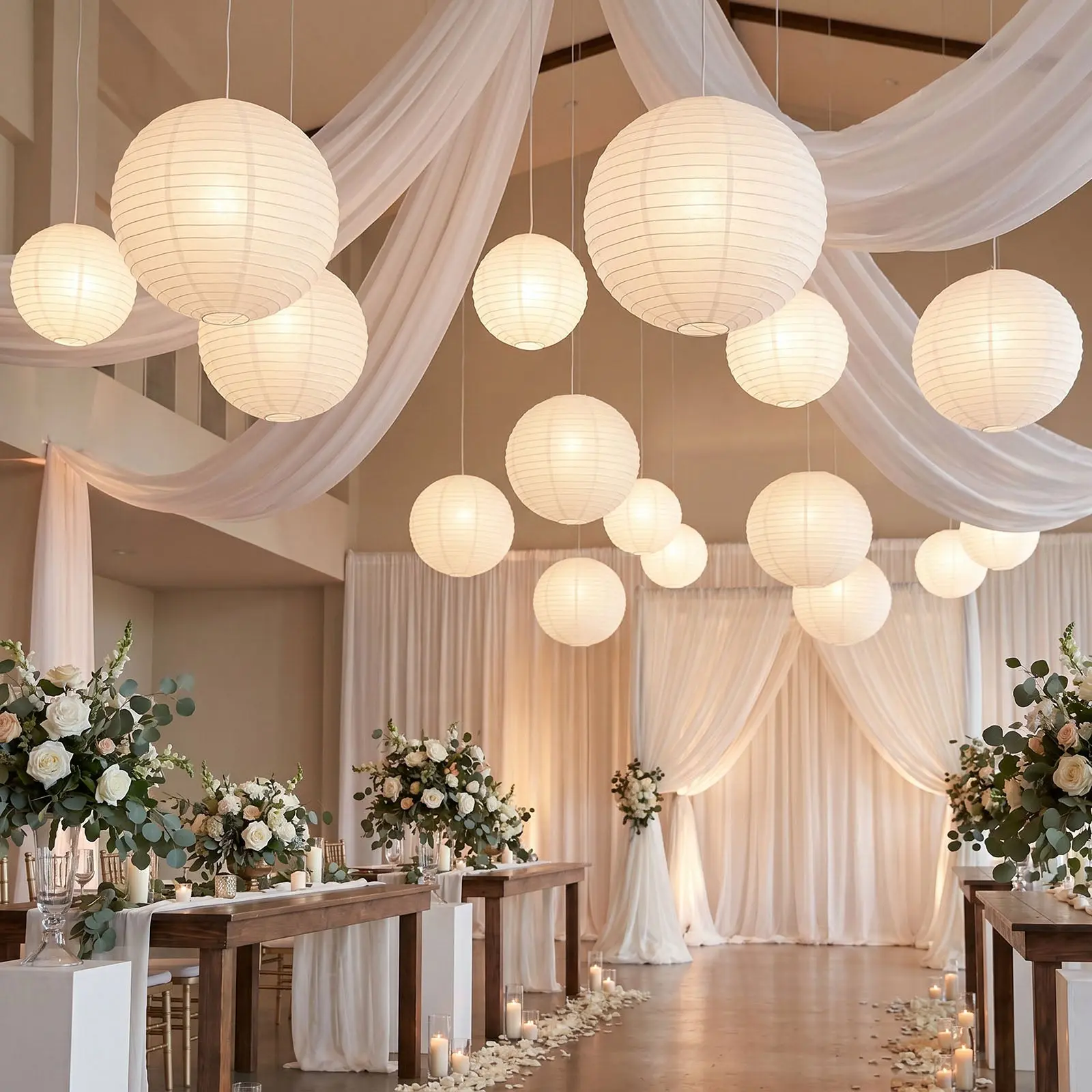 10 Pack White Hanging Paper Lanterns, 30" Round Chinese Sky Lanterns for Wedding, Party & Event Decorations