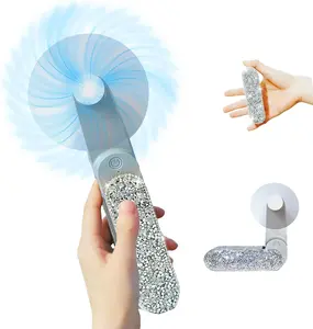 Mini Portable Bride Fan with Rhinestone Decor Bling Foldable Battery Operated Little Handheld Fan for Desk, Camping, Travel, & Outdoor Events for Bride（White)