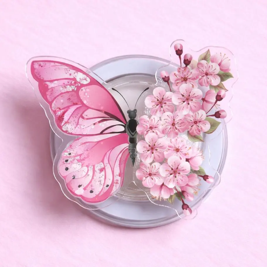 Pink Butterfly Cherry Blossom Magsafe Phone Grip – Magnetic Pop Socket & Kickstand – Spring Gift
