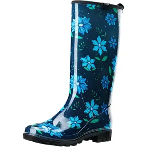 Women's Rain Boots Waterproof Garden Shoes Colorful Printed Knee High Rubber Boots Anti-Slipping Rainboots for Ladies with Comfort Insole Tall Wellington Rain Shoes
