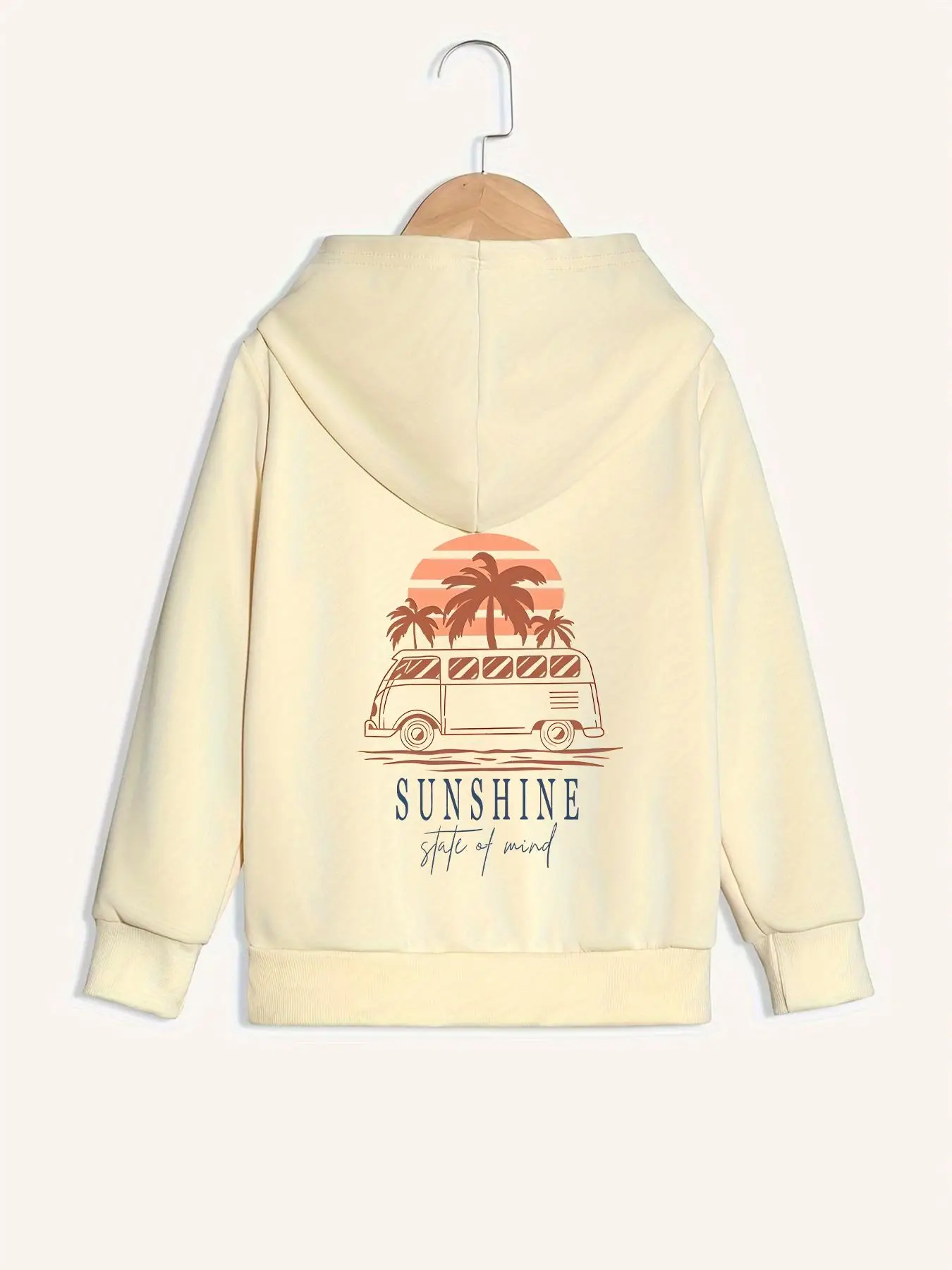 Girl's Palm Tree & Bus Print Drawstring Hoodie, Casual Long Sleeve Pocket Hooded Sweatshirt for Fall & Winter, Kids Clothes for Daily Wear