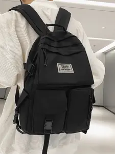 Large Capacity Durable Backpack Solid Color Black Backpack Letter Buckle Fashionable, Versatile, Casual and Simple Suitable for Students Going to School, Campus Commuting, Business Travel, Men's and Women's Backpacks
