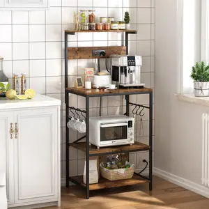 SUPERJARE Kitchen Bakers Rack with Power Outlet, Coffee Bar Table 4 Tiers, Kitchen Microwave Stand with 6 S-shaped Hooks, Kitchen Storage Shelf Rack for Spices, Pots and Pans