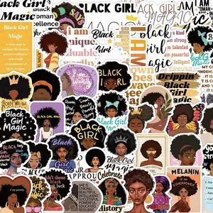 Black Girl & Letter Pattern Sticker, 50pcs/set Waterproof Self Adhesive Decor Paper, Decor Sticker for Gift Greeting Card, Water Bottle, Laptop and Phone