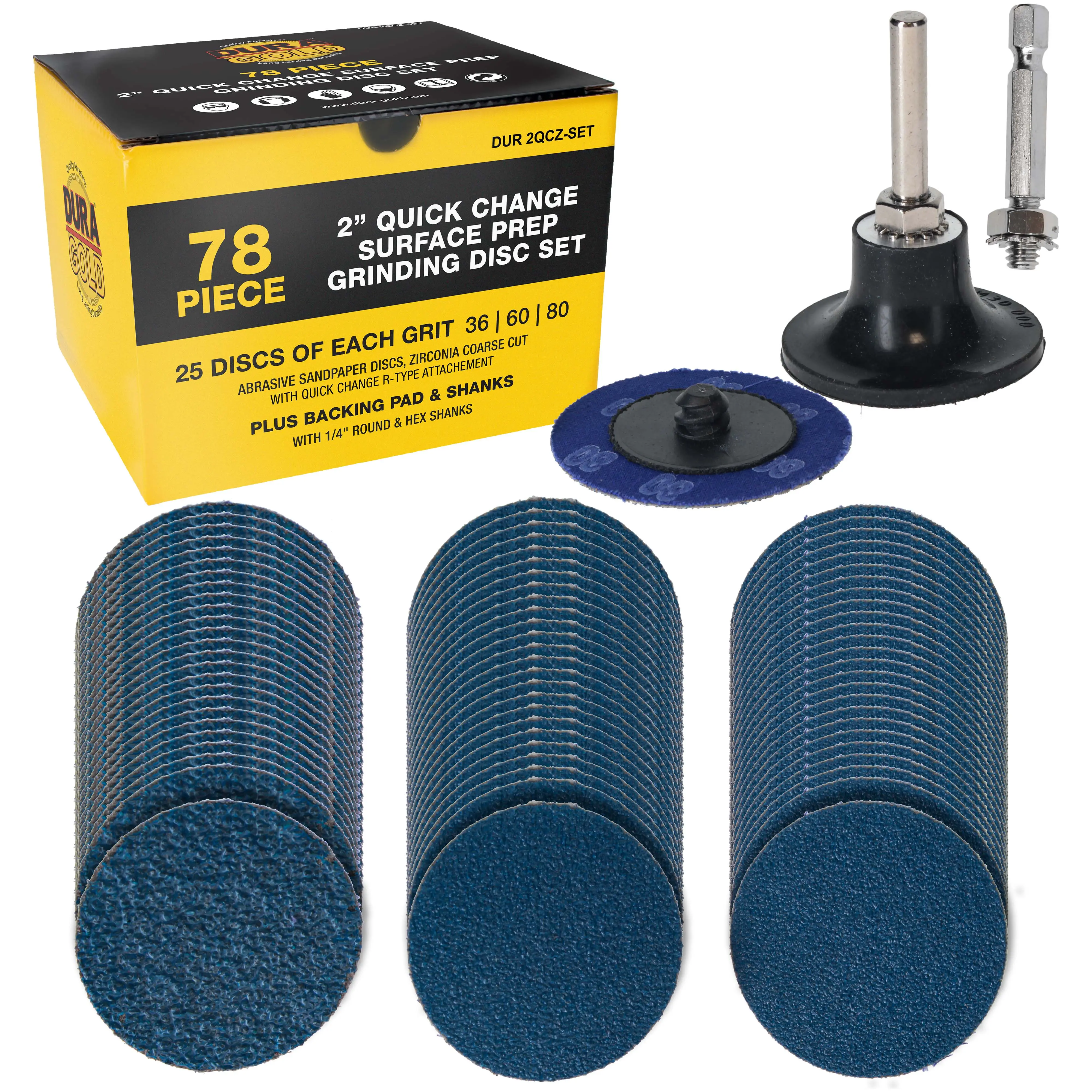2 Inch Grinding Discs, 36, 60 & 80 Grit (25 Disc Each), R-Type Adapter & Backing Pad - Quick Change Zirconia Coarse Cut Sanding Discs for Auto, Wood, Metal, Rust, Oxidation, Welds