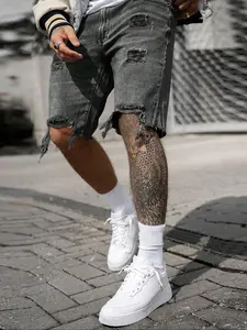 Men's Ripped Denim Shorts, Casual Pocket Design Denim Shorts Jeans for Summer, Fashion Men's Bottoms for Daily Wear, Cotton, Fashionable Summer Shorts, Dark Wash Jeans, Regular Fit Shorts