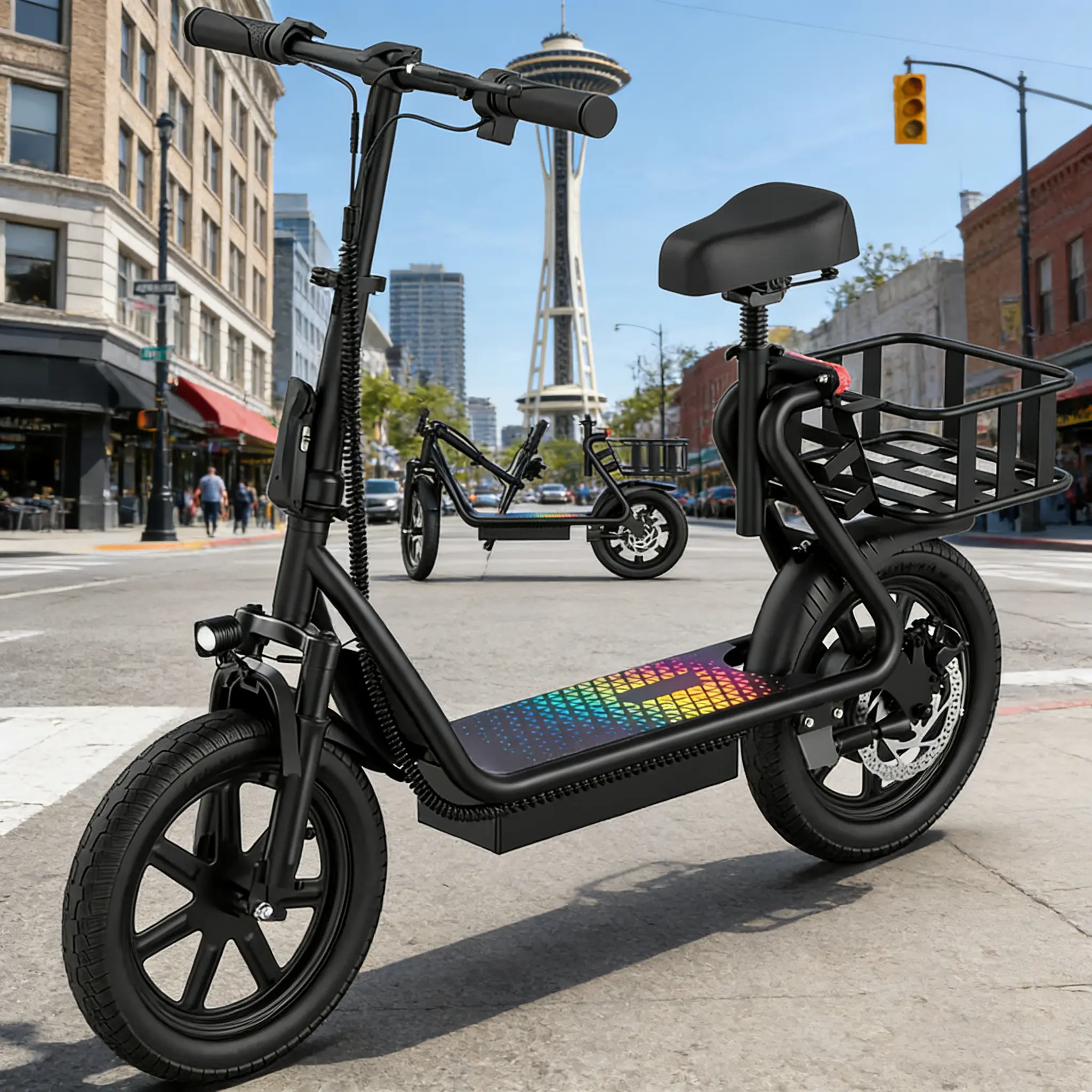 Electric Scooter for Adults with Seat,48V 10.4Ah Battery, Top Speed 22 mph, Driving Range 21-27 Miles, Pet-Friendly Design with Rear Basket.SummerWins,Father's Day Gife