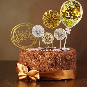 6 Pcs Gold Happy Birthday Cake Topper Kit, Confetti Balloon Paper Fans Acrylic Cake Toppers for Birthday Cake Decoration