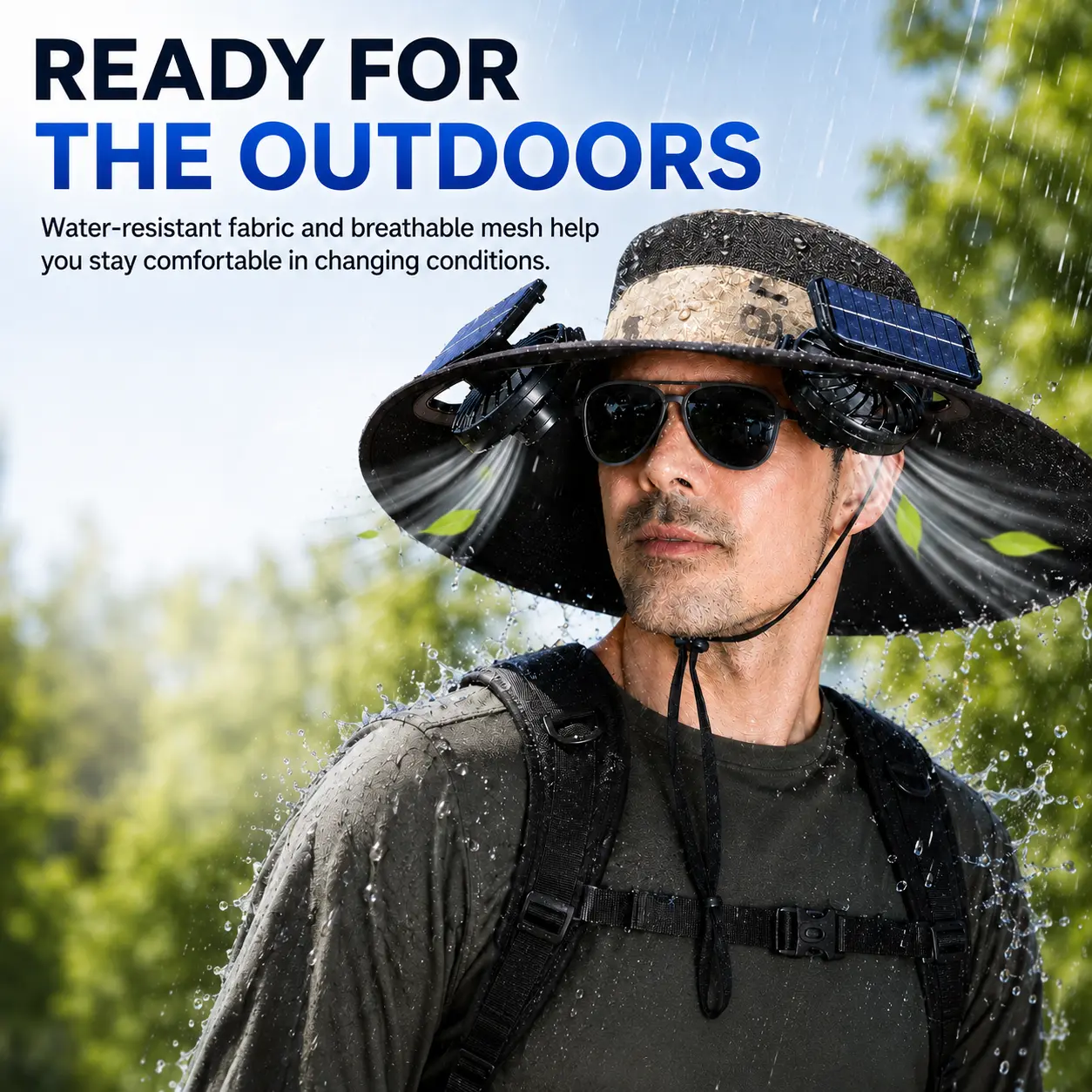 Solar Powered Rechargeable Misting Fan Hat, Type-C Wide Brim Cooling Sun Hat with Dual Fans, UPF 50+ Outdoor Hat for Fishing, Gardening, Hiking & Camping