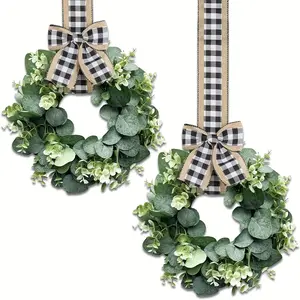 Spring wreath Faux Kitchen Cabinet Wreaths, 2pcs Small Pecuniary Eucalyptus Wreath 10 Inch Farmhouse Wreath Mini Kitchen Cabinet Wreaths for Door Window Chair Wall Decor
