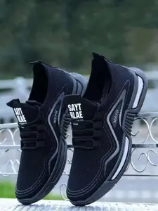 Men's Casual Low-Top Lace-Up Letter Print Sneakers, Textile Upper, Rubber Sole, Medium Width, All Seasons, Size Up One