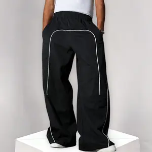 Casual Side Striped Track Pants Baggy Parachute Pants Vintage Wide Leg Drawstring Jogger Soft Lightweight Trousers Bottoms For Teenagers Boys Girls Kids Size 8-16Y T4006