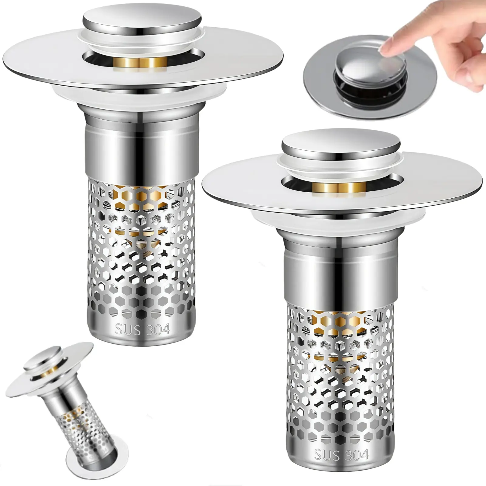 Bathroom Sink Drain Strainer 2 Pack, Bathroom Necessities, Bathroom Gadgets, Bathroom Sink Stopper with Pop-Up Drain, Removable Hair Catcher, Anti Clogging Drainage, Stainless Steel Filter Basket, Fits Standard US Bathroom Sinks, Bathroom Accessories