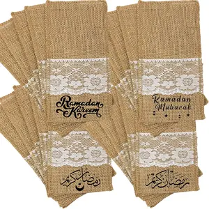 5Pcs Ramadan Kareem Linen Lace Cutlery Holders Pouch Islamic Iftar Party Table Accessories Ramadan Decorations 2026 Eid Al-Adha