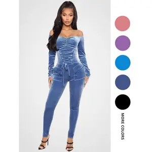 Women's Off The Shoulder Ruched Lace Up Long Sleeve Velvet Jumpsuit, Casual Grommet Eyelet Pocket Skinny Longsleeves Jumpsuit for Fall & Winter, Women's Clothes for Daily Wear, Birthday Outfits, Fall Outfits, Fallfreshness�� Womenswear