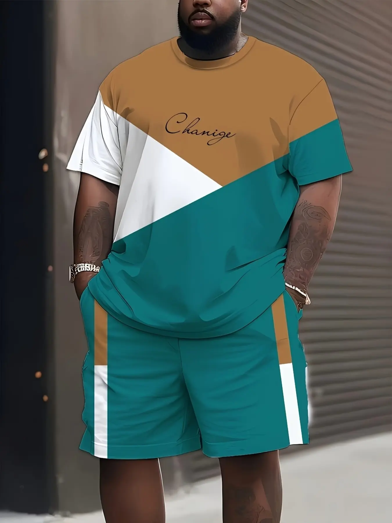 Men's 2-Piece Plus Size 3D Digital Print Sports Shorts Set, Round Neck Short Sleeve Tee with Shorts, Casual Loose-Fit for Everyday Wear, Casual Sporty Design, Casual Athletic Sportswear