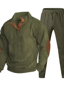 Men's Corduroy Fall Winter Outfits Two-Piece Set for Daliy Wear, Stand Collar Button Front Sweatshirt & Elastic Waist Pants, Faux Suede Elbow Patches