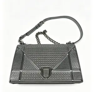 Pre-owned Dior Christian Metallic Patent Micro Cannage Diorama Wallet on Chain Pouch Silver