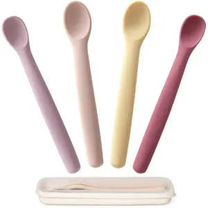 Silicone Baby Spoons Set of 4, Toddler Spoons for Self Feeding 6 Months, Two Sizes Feeding Spoons for First Stage 4+ Months, Infant, Baby Utensils with Case, Bendable, Chewproof & Boil-proof