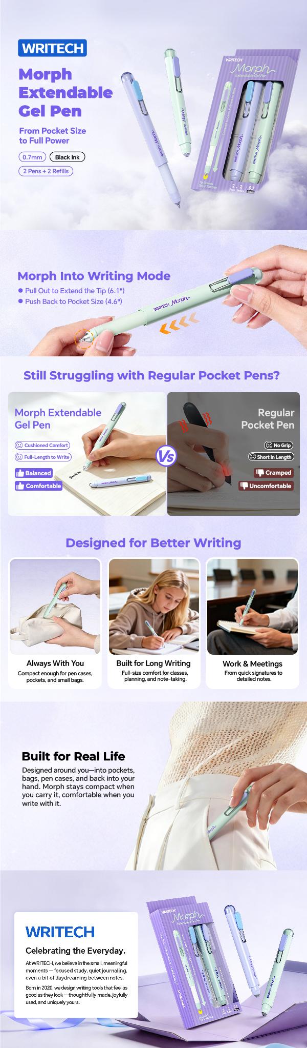 WRITECH Morph Extendable Gel Pen: 0.7mm Black Ink Mini to Full Size Soft Grip Portable Extendable Pocket Pen Set with 2 Pens and 2 Refills