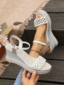 Women's 2026 Summer Vacation Essential Crochet Lace Espadrille Wedge Sandals, Open Toe Buckle Ankle Strap Footwear for Beach, Travel & Casual Summer Days