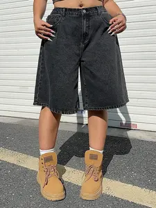 Women’s Plus Size Summer Black Elastic Waistband Denim Shorts, Y2K Baggy Wide Leg Jorts, High Waisted Comfortable Denim Shorts for Curvy Women, Distressed Washed Black Jean Shorts, Casual Spring Summer Streetwear, Aesthetic Loose Fit Everyday Denim