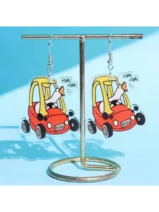 1 Pair of Funny Duck Driving Car Earrings, Fashion Earrings - Adorable Geese Behind the Steering Wheel with Duck License Plate and Horn - Perfect for Casual Wear, Durable Acrylic, All-Season Suitable - Quirky Cartoon White Duck and Goose Design