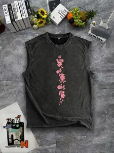 Men's Casual Water-Washed Vintage 'sakura' Print Tank Top, Thin Loose-Fitting Knit Sleeveless Shirt for Summer, Loose Tank Tops