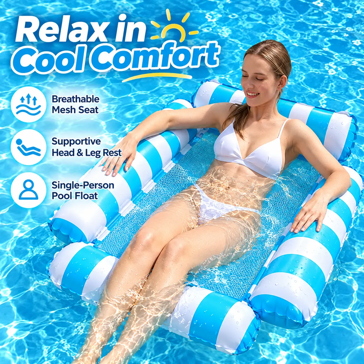 Oversized Inflatable Pool Float Hammock - Breathable PVC Mesh, Stable Portable Adult Lounge Chair Raft, Pool Accessories for Backyard Party & Lake Vacation, Ideal for Summer Relaxing & Travel