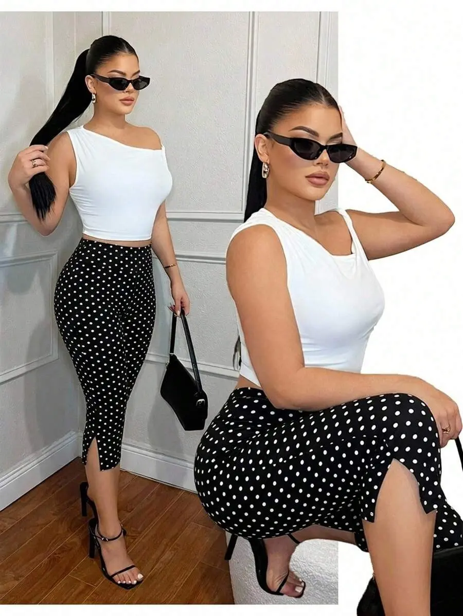 XLAIS Women's Casual Sexy Ankle-Slit 7/8 Leggings, Polka Dot Pattern, Versatile Casual For Women, Suitable For Daily Street Wear, Suitable For Daily Commute, Dating, Gathering, Autumn/Winter/Summer, Party, Wedding, Beach, Graduation Ceremony, Fashion
