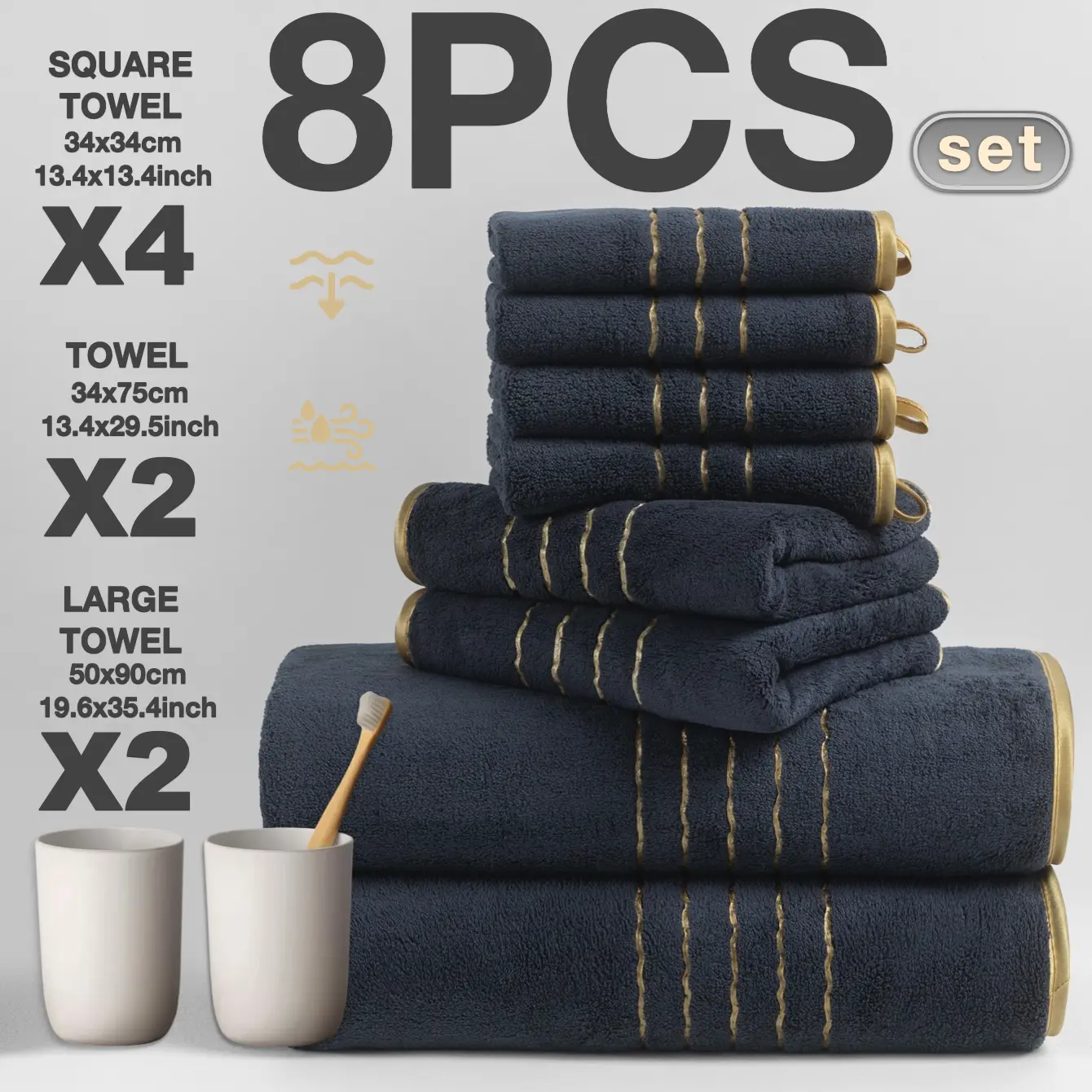 8-Piece Gold Trim Bath Towel Set, Premium Towel Set, Bathroom Towels, Quick-Dry Absorbent Microfiber, Quick Drying Towel, Includes Hand Towels & Face Cloths, Ideal for Home, Hotel, School Use