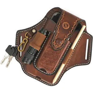Leather Cell Phone Holster Pouch Case Tool Multitool Sheath Flashlight Slot Holder & Keychain Clip with Magnetic Closure for Belt (Brown)