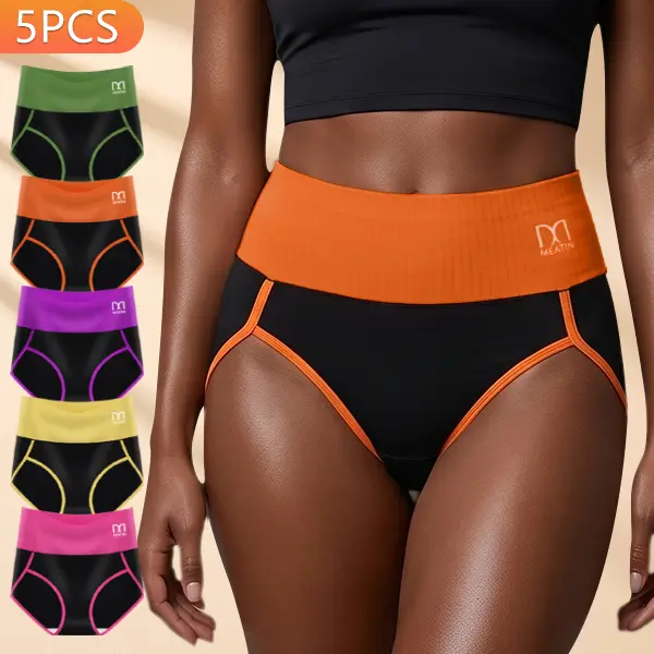 5PCS Women’s High-Waisted Milk Silk Panties, Wide Waistband Full-Coverage Briefs, Contrast Trim Stretch Underwear for Everyday Wear Womenswear