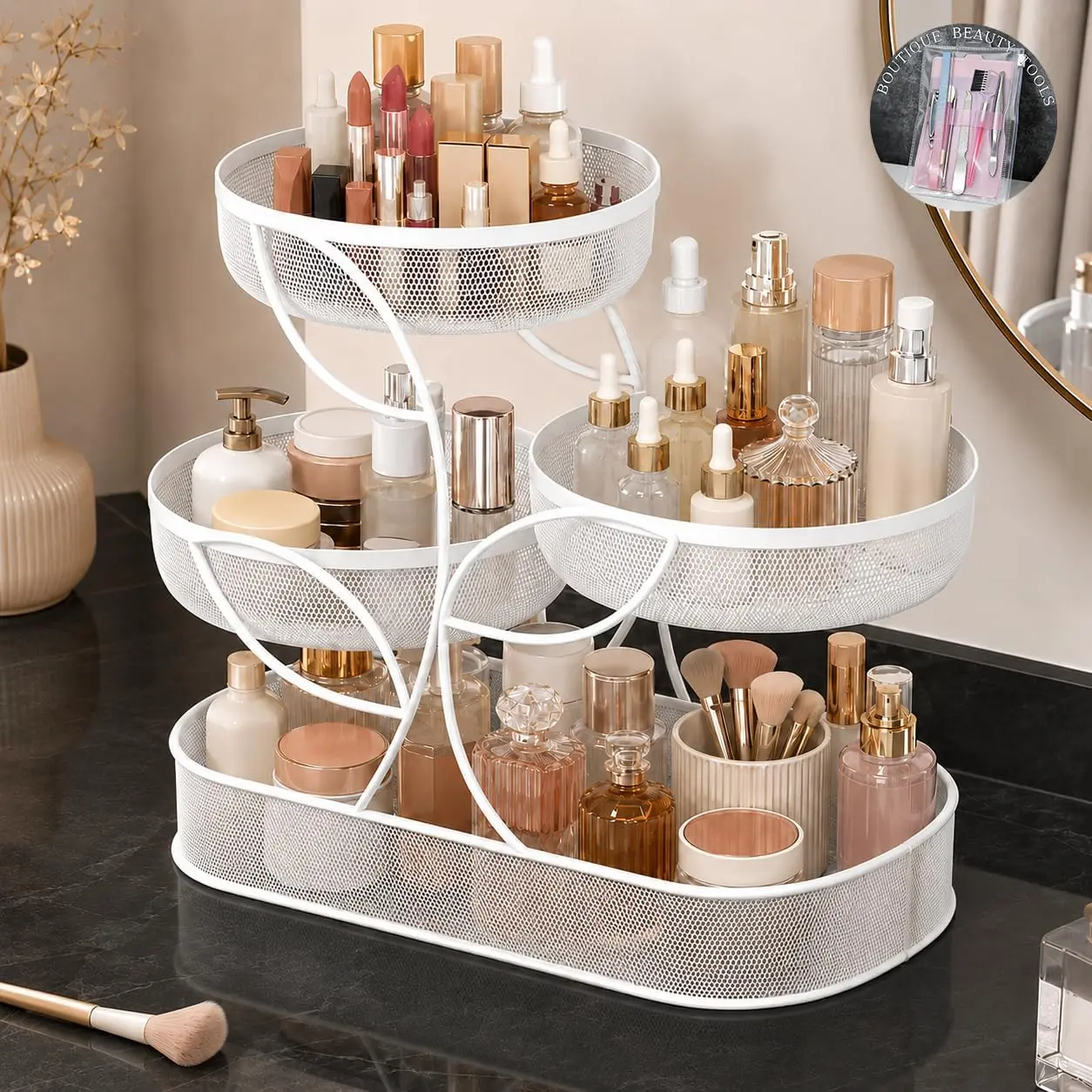 4-Layer Metal Makeup Storage Rack - No-Installation, Large-Capacity Multifunctional Organizer for Cosmetics, Toiletries, Home Kitchen & Bathroom Use