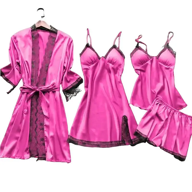 Sexy Lace Robe Dress Women's Silk Nightgown Suit Green Black and White Little-Girl Style Clothes Sleepwear Nightdress Comfortable Overall Dress Set with Lace Details-