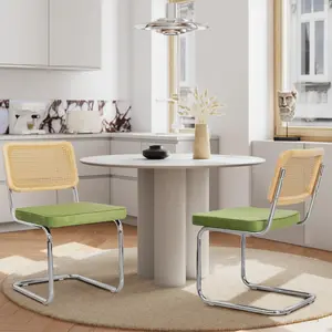 Rattan Back Velvet Dining Chair Set of 2 Modern Stainless Chrome Base Armless Upholstered Side Chair for Dining Room, Kitchen Island