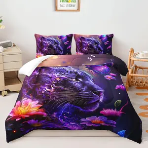 3D Leopard Head 3-Piece Comforter Set Twin Size,Leopard Bedding Set,Glowing Butterflies and Flowers Duvet Set,Perfect for Animal Lovers,1 2 Pillowcases