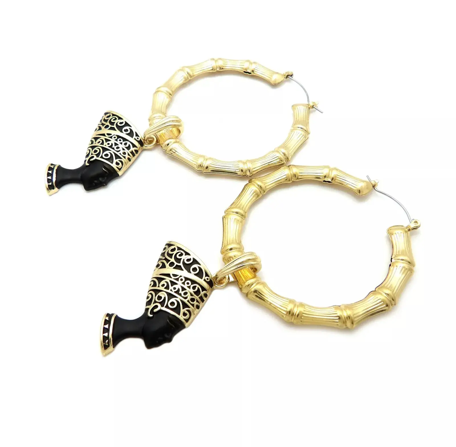 MaxBling81 Unisex High-Polished Gold-Plated Metal Coating Nefertiti Character Charm Dangle Bamboo-Style Hoop Earrings, Fashion Costume Jewelry, Dangle Earrings, Bamboo Hoop Earrings