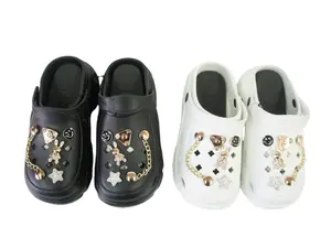 Women's Gold Crystal Rabbit & Chain Charm Platform Clogs Mules Beach Slide Garden Sandals Comfortable Casual Walking Shoes