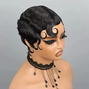 Short Pixie Cut Finger Weave and Afro Curly Human Hair Wigs For Black Fluffy Machine Wig Human Hair Natural Hair