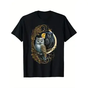 Vintage Owl & Golden Moon T-Shirt |   Mystical Night Owl Pair On Decorative Vine |   Witchy Gothic Aesthetic Shirt |   Ideal Gift For Bird Watchers & Fantasy Fans