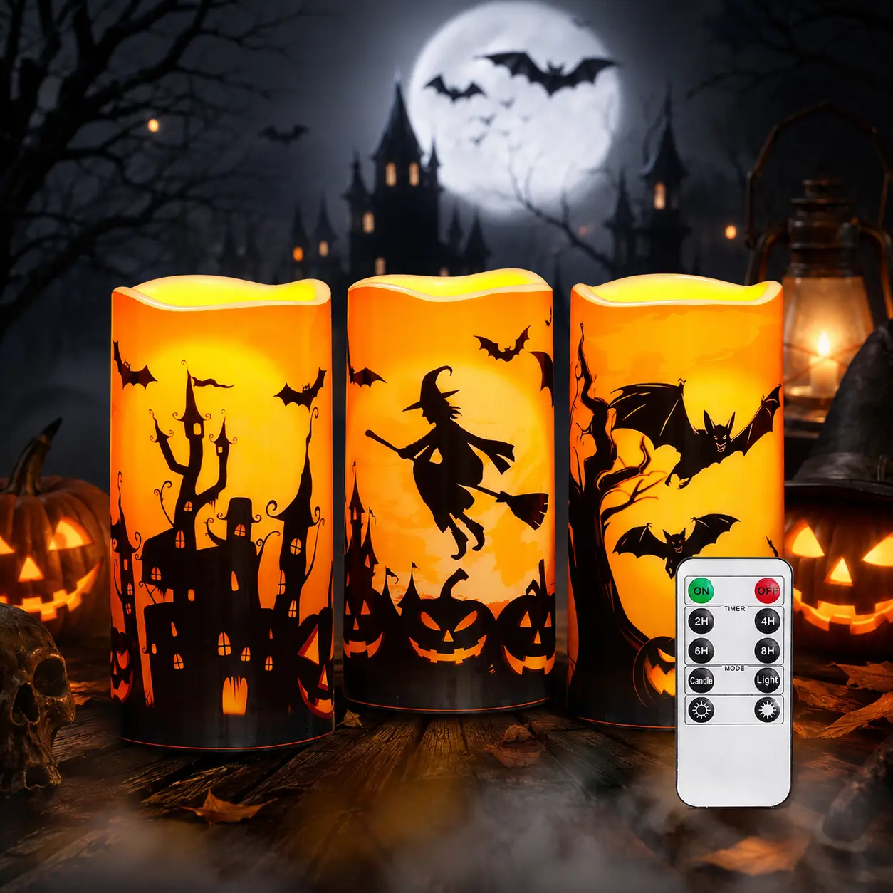Halloween Candles, Orange Flameless Candles, Outdoor Waterproof Printed Decals Battery Operated LED Pillar Candles with Remote Timers for Fall Festival Spooky Decor, 3”x6”, Plastic, Set of 3 Back to School Summer Sale Deals