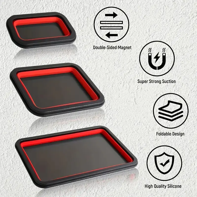 3Pcs Long Rectangular Silicone Tool Organizer Set - Portable Magnetic Parts Tray, Stackable Screw Holder, Hardware Storage Toolbox