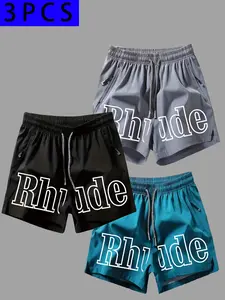 3-Pack Men's Trendy Rhude Letter Print Shorts, Quick-Dry Lightweight Breathable Drawstring Zip Pockets, Sporty Slim-Fit for All Seasons
