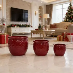 ARCH Handmade Ceramic Flower Pot Set of 3, 15/12/10 Inch Diameter, Deep Red with Floral Embossed Pattern, for Orchids Indoor/Outdoor Use on Windowsill & Bookshelf, Breathable Clay